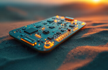Glowing circuit board embedded desert landscape represents tech advance. Futuristic electronic components set against sunset sand. Digital technology innovation. Modern computing systems.