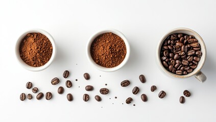 Flat lay of coffee beans, chocolate, and a cup on a white background, top view, flat layout, minimalist style, high-resolution photography, high detail, aesthetic design,