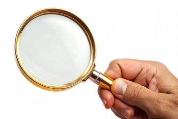 Closeup of a hand holding a gold framed magnifying glass against a vibrant abstract background with black and multicolored pixelated details A I Generated isolated on a transparent background