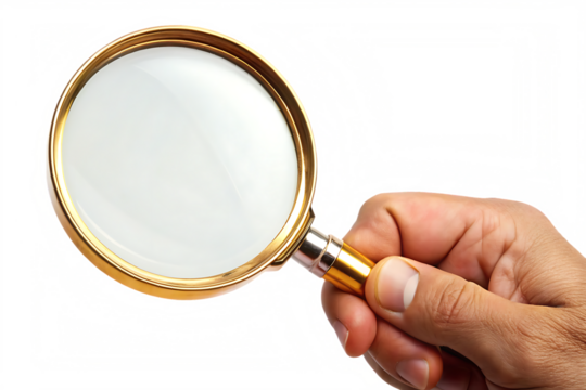 Closeup of a hand holding a gold framed magnifying glass against a vibrant abstract background with black and multicolored pixelated details A I Generated isolated on a transparent background