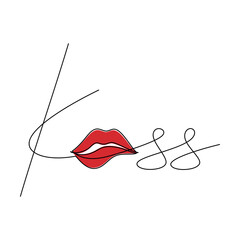 Hand written text Kiss with red woman lips vector. One line continuous drawing. Beauty fashion icon, lettering, slogan, writing, quote, banner, card, poster, sign, cartoon illustration, love print.