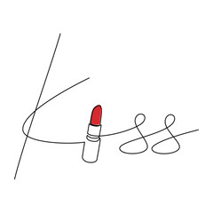 Hand written text Kiss with red lipstick vector. One line continuous drawing. Beauty fashion icon, lettering, slogan, writing, quote, banner, card, poster, sign, cartoon illustration, love print.