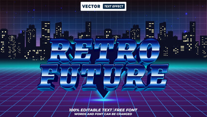 Retro future 80s and 90s retro style editable 3d vector text effect. Retro futuristic synthwave typography style with neon, glitch, chrome and vibrant 80s vibes.