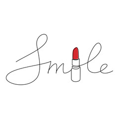 Hand written text Smile with red lipstick vector. One line continuous drawing. Beauty fashion icon, lettering, slogan, writing, quote, banner, card, poster, sign, cartoon illustration, love print.