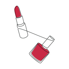 Hand drawn red lipstick and nail polish bottle vector. One line continuous drawing. Beauty fashion icon, cosmetics linear silhouette, makeup product print, banner, card, poster, logo, sign, symbol.
