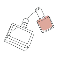 Hand drawn perfume bottle and beige nail polish vector. One line continuous drawing. Linear icon silhouette, beauty fashion print, banner, card, wall art poster, doodle illustration, fragrance, spray.