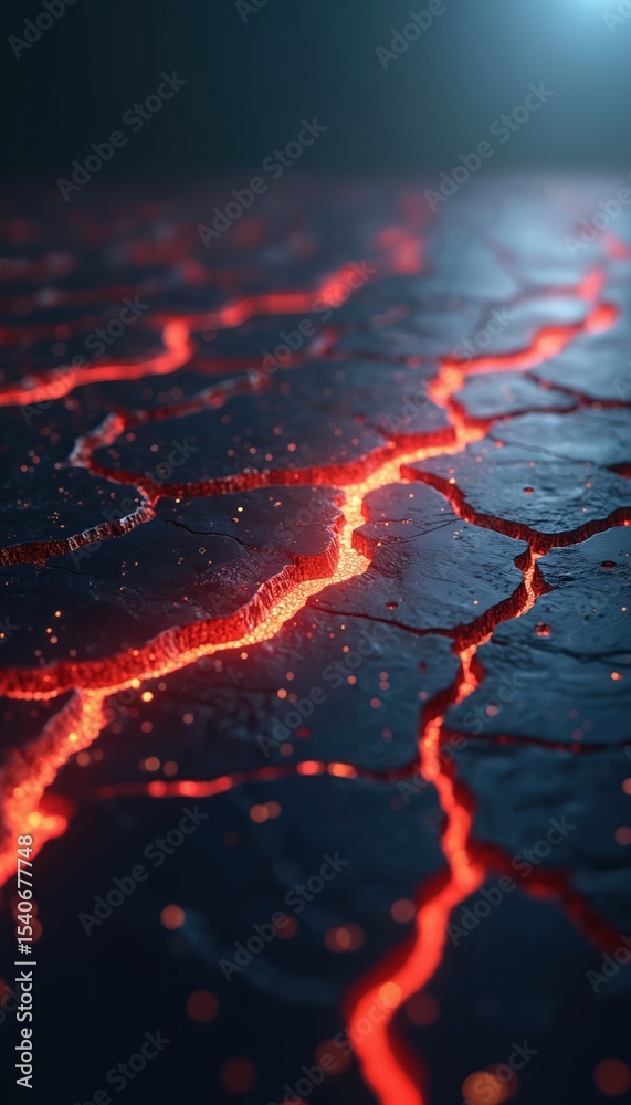 Poster Futuristic abstract digital art, cracks with glowing patterns on dark gradient background. Visualization of network, connection, digital space, tech innovation. Digital art perfect for tech, science,