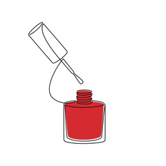 Hand drawn red open nail polish bottle vector. Cosmetics icon. One line continuous drawing. Beauty product linear silhouette. Minimal print, banner, card, poster, brochure, logo, sign, symbol.
