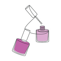 Hand drawn pink and purple nail polish bottles vector. Cosmetics icon. One line continuous drawing. Beauty product linear silhouette. Minimal print, banner, card, poster, brochure, logo, sign, symbol.