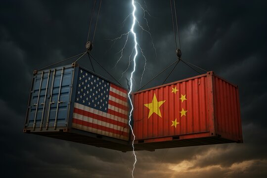 Two shipping containers stand side by side, one painted Chinese flag and the other is the American flag. Global trade disputes, tariff conflicts, and trade war concept	