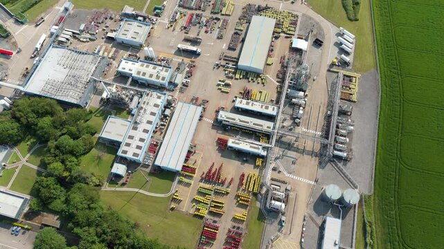 Aerial drone shot of BOC gas production facility with gas cylinders and piping industrial manufacturing energy generation Immingham UK