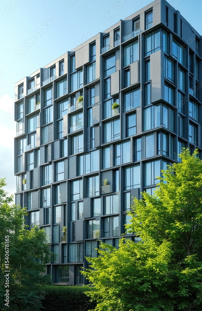 Poster Modern building facade with rhythmic window patterns. Green trees create contrast with urban architecture. Geometric design with sustainable, eco-friendly design. Modern urban planning incorporates