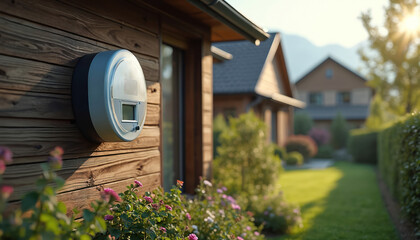 Smart meter on wooden house wall. Residential area shows smart grid tech, energy management, real-time usage data. Environmentally friendly, supports sustainability, electricity monitoring.