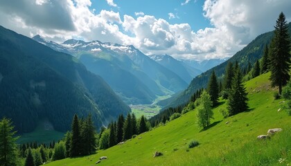 Aerial photo of Swiss Alps nature landscape with green forest hills, blue sky, fluffy clouds. Summer vacation scenic travel background. Natural idyll scene, european beauty.