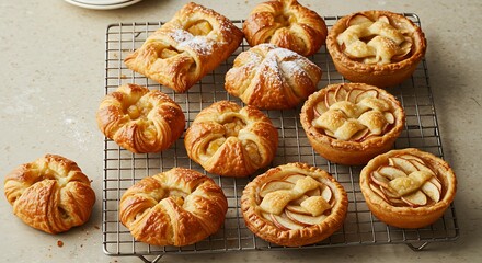 Danish pastry and apple pie pastry on a cooling rack. Perfect for recipe, article, catalogue, or any commercial purposes.
