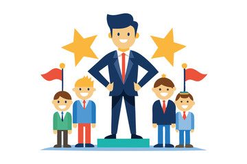 Business Leader on Podium Surrounded by Stars and Team Members Celebrating Success Together