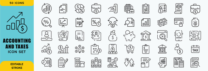  Accounting and taxes line icons collection. Big UI icon set in a flat design. Thin outline icons pack. Vector illustration EPS10