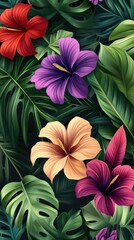 Flowers and foliage background. Tropical leaves and colorful flowers on foliage nature background. Stage showcase, promotion display.