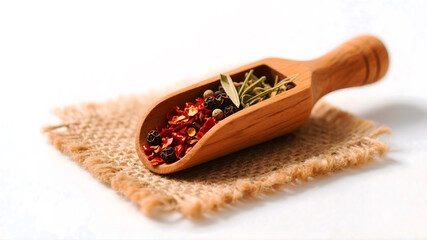 A rustic wooden scoop brimming with red pepper flakes, black peppercorns, and dried herbs, rests on burlap, isolated on white background