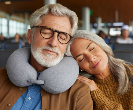 Couple relaxing together at the airport during a layover on their journey