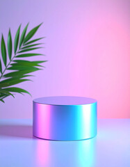 Pastel Holographic Cylinder and Green Plant Minimal Still Life.aesthetic, colours, contemporary, display, elegant, form, glasses, gradient, graphic, image, lighting, minimal, pastel, photo, product, 