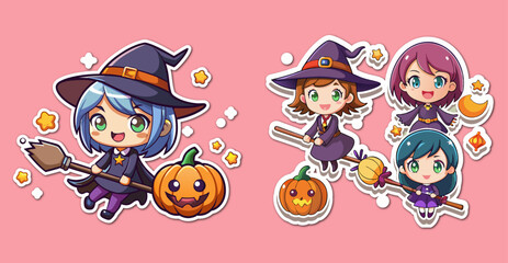 A big bundle of  Chibi style sticker Little girl witch with a kitten flying on a broom. 