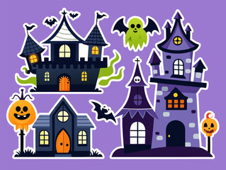A big collection of Collection of halloween stickers. Spooky haunted house with cute ghosts 