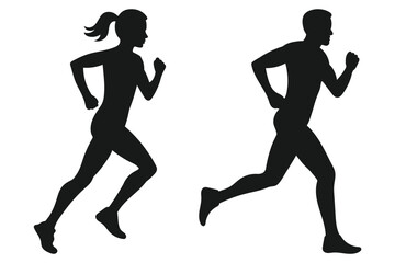Running people silhouettes isolated on white background. Runners silhouette man and woman.