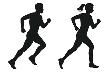 Running people silhouettes isolated on white background. Runners silhouette man and woman.