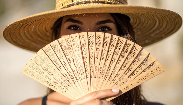 Rostro de hermosa mujer con sombrero y sosteniendo un abanico espa&ntilde;ol con el que oculta su cara salvo los ojos y mirada