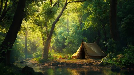 Peaceful camping in the forest with tent and nature surroundings