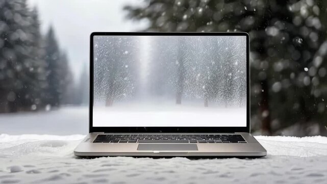 Laptop with a white screen mock up in winter, outdoor in the snow with a cozy blanket in a snowfall. Seasonal remote work, internet, shopping, Christmas and New Year.