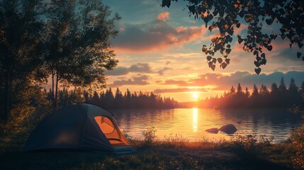 Peaceful camping scene at sunset