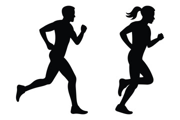Man and woman runner silhouettes set isolated on white background
