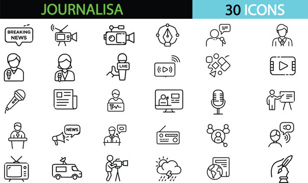 Journalism line editable icon set. Containing journalist, press, news, reporter, podcast, microphone, interview, newspaper, Vector illustration