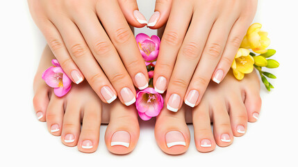 Elegantly manicured hands with French tips rest gently on perfectly pedicured feet, adorned with pink and yellow flowers, all against a pristine white background.