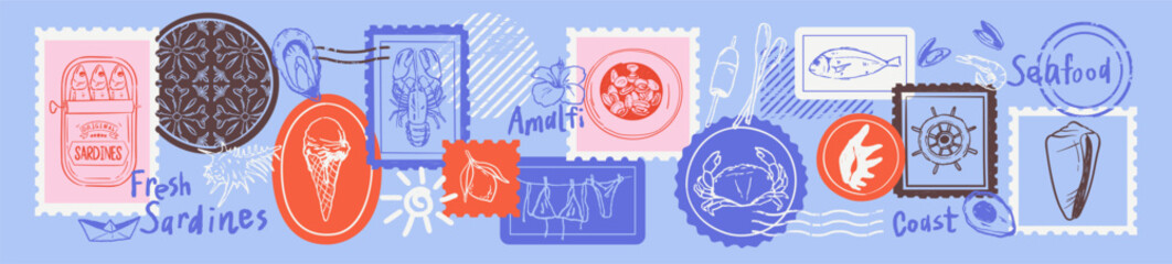 Vintage Italy Summer Stamps. Mediterranean illustration of sardines, lobster, crab, seashells, tile. Hand drawn logotype print element design. Amalfi vacation collage stickers. Chalk rough textured.  © Alena creator
