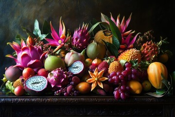 Vibrant Display of Exotic Fruits in a Decorative Arrangement