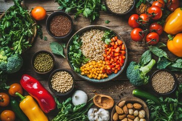Colorful Array of Fresh Vegetables and Grains on Rustic Wooden Table