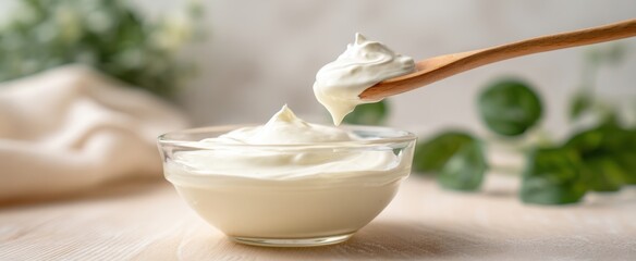 The creamy yogurt with a wooden spoon and fresh ingredients nearby.