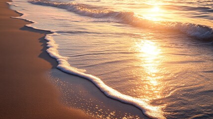 Gentle Waves Lapping on Shore at Sunrise with Golden Reflections