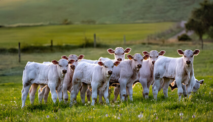 Fototapeta premium A group of white cows are standing in a field