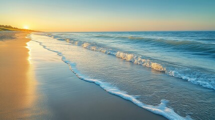 Serene Sunset Over Gentle Waves at Tranquil Beach Shoreline
