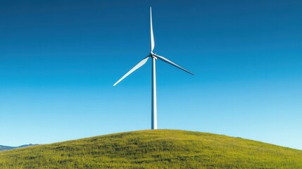Wind Turbine on Green Hill Under Blue Sky with Clear Horizon