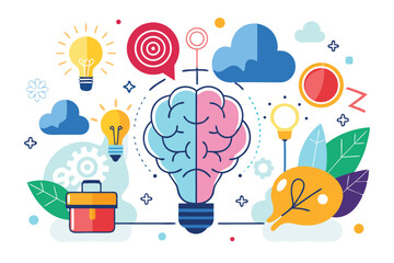 Colorful Illustration of Brainstorming with Light Bulbs and Clouds Symbolizing Idea Generation and Creative Thinking for Innovation and Inspiration