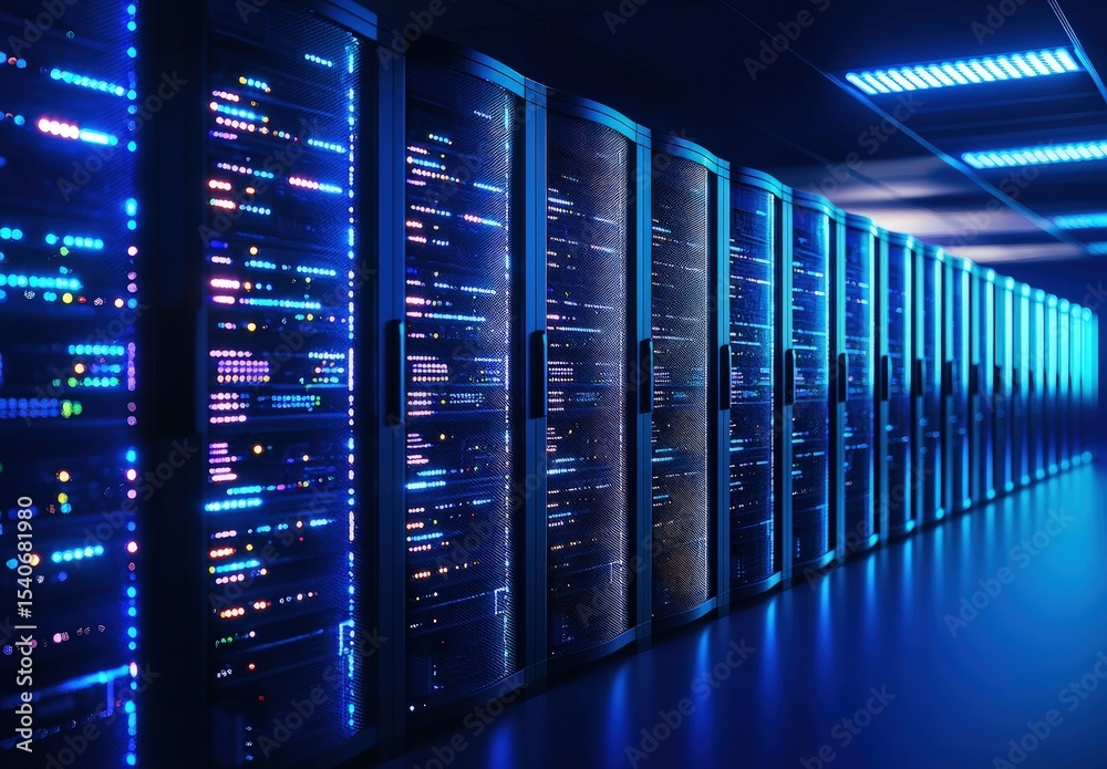 Aufkleber modern data center with glowing blue and multicolor led server racks, ideal for cloud infrastructure