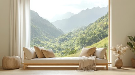 Serene Living Room with Mountain View and Natural Light