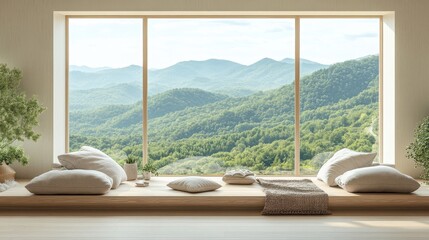 Serene Mountain View from Modern Interior with Cozy Seating Area