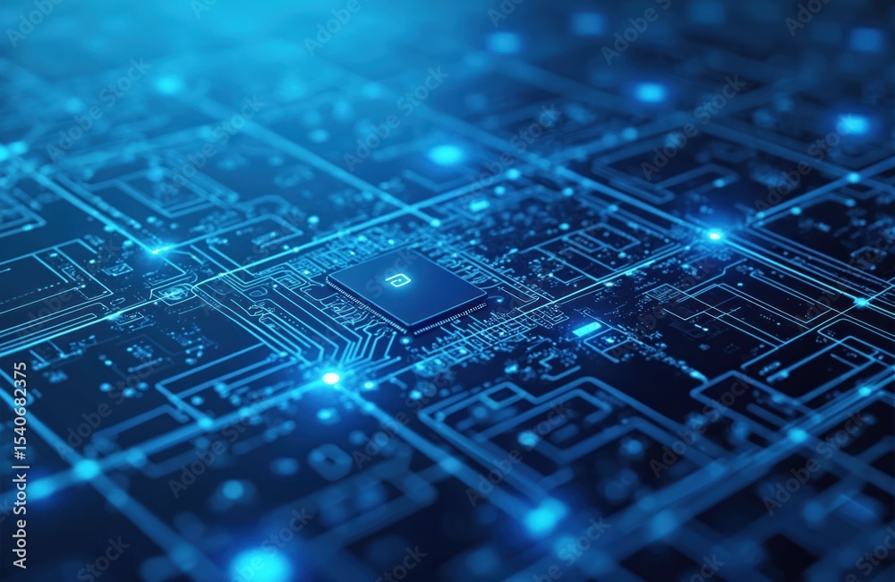 Poster futuristic digital circuit board design with bright lines, grid patterns, glowing dots on blue hi-te