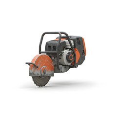 Fototapeta premium Concrete Saw Close-up: A rugged concrete saw stands, showcasing its robust design and industrial functionality. The image highlights the power and precision of this essential construction tool.